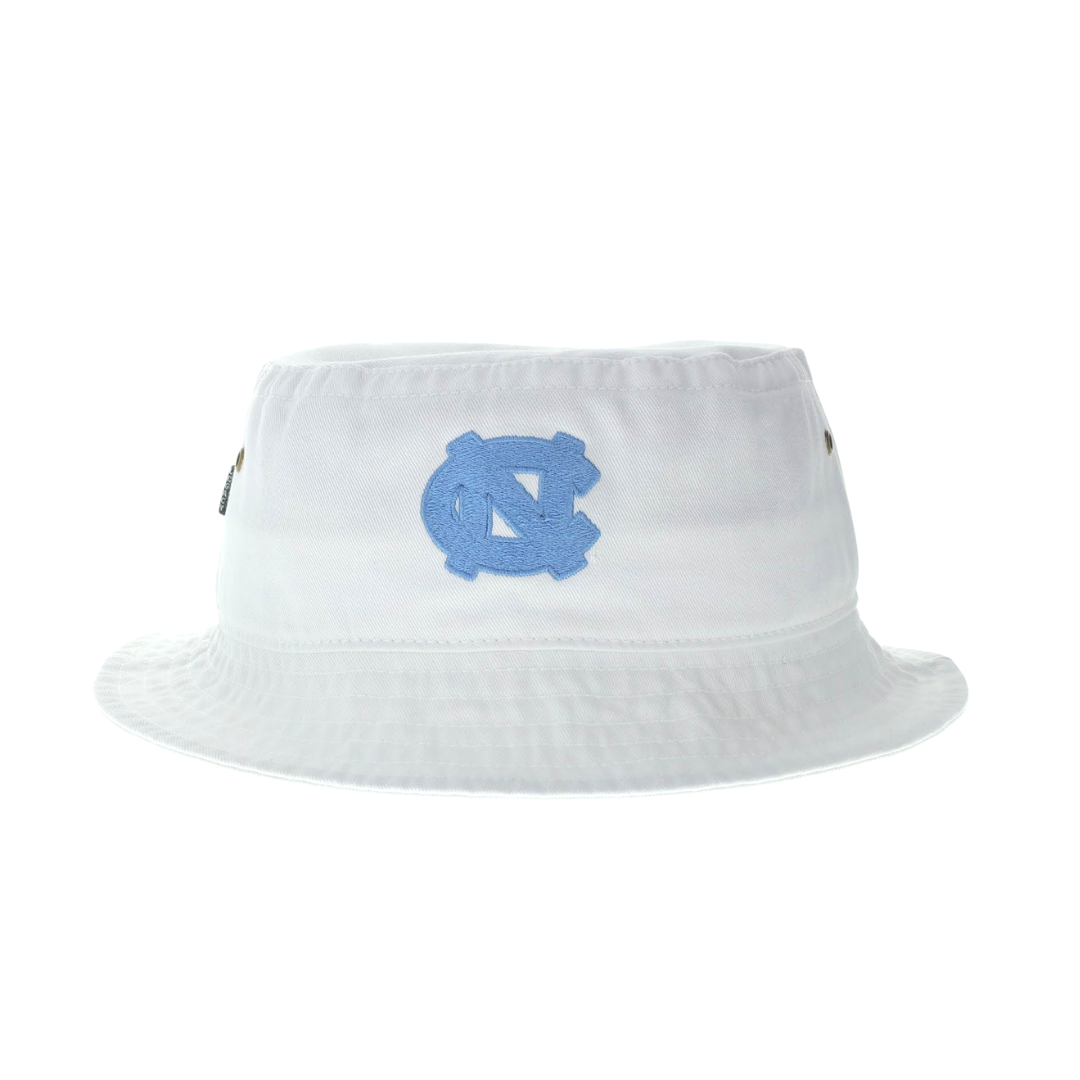 UNC Bucket Hat in White with North Carolina Interlock Logo in Carolina Blue